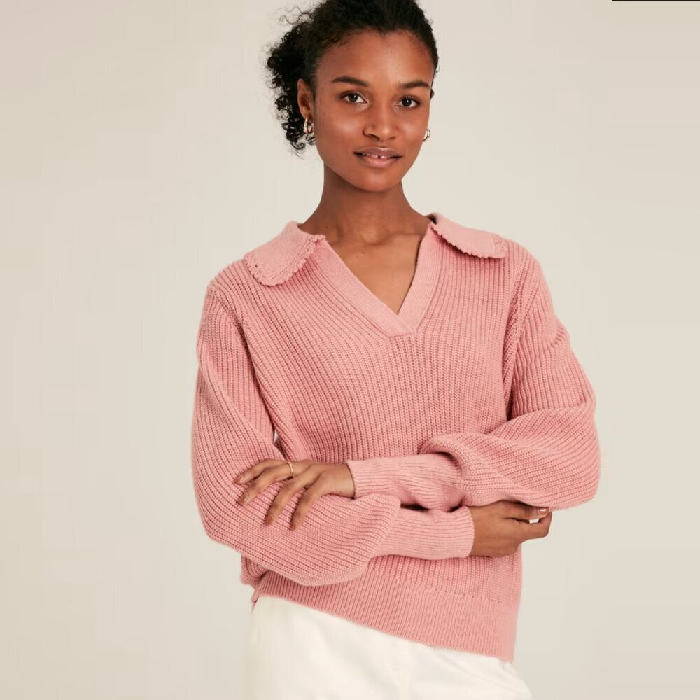Joules Evangeline Pink Rib Knit Jumper With Crochet Collar in Pink, sz US14/UK18